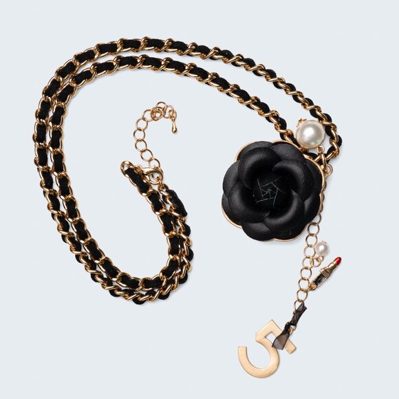 Black Camellia Flower Necklace with Pearl & Gold Chain - Picture 1 of 4